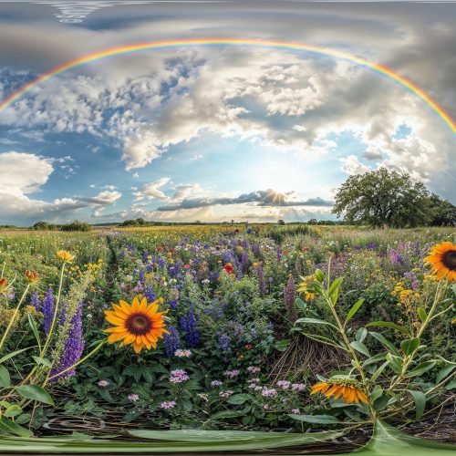 Field Of Flowers With Rainbow
