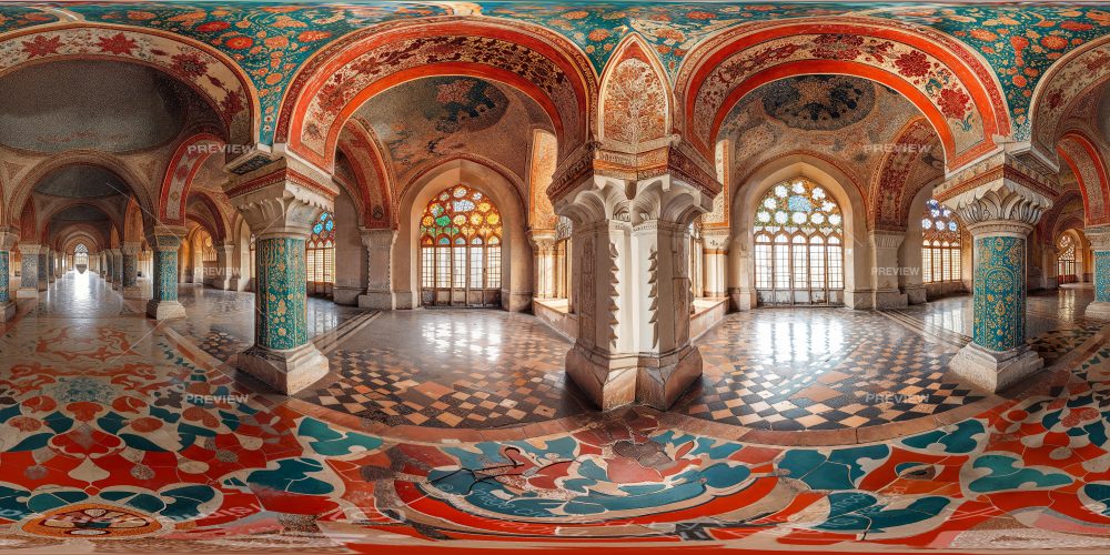 Intricate Palacial Interior With Colourful Floor Tiles And Ceiling Art
